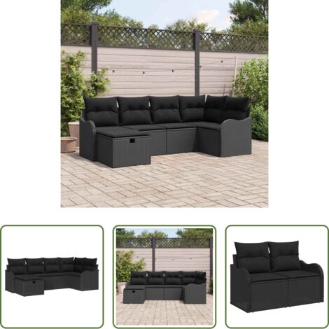 Poltrona da giardino -  Set Divano da Giardino con cuscino 6 pcs Nero Poly Rattan