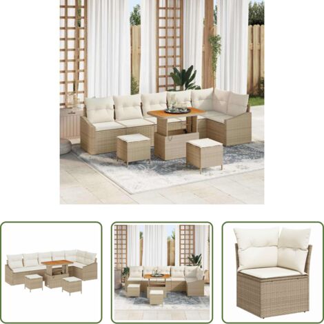 Poltrona da giardino -  Set Divano da Giardino con cuscino 9 pcs Beige polyrattan