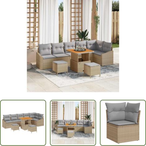 Poltrona da giardino -  Set Divano da Giardino con cuscino 9 pcs Beige polyrattan