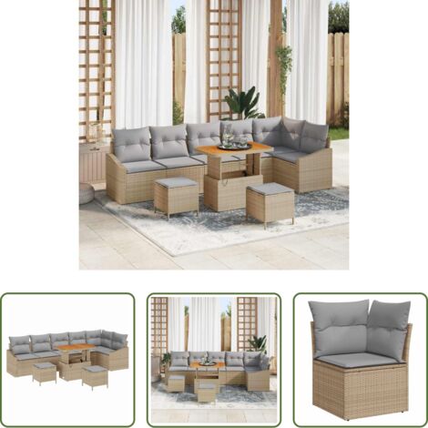 Poltrona da giardino -  Set Divano da Giardino con cuscino 9 pcs Beige polyrattan