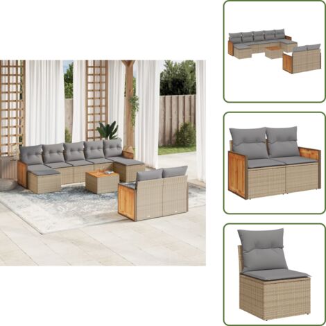 Poltrona da giardino - vidaXL Set Divano da Giardino 10 pz con Cuscini Beige in Polyrattan - Tavolo da giardino