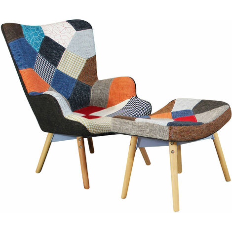Poltrona da interno con poggiapiedi in tessuto pathcwork struttura in acciaio e legno seduta multicolor Fantasy