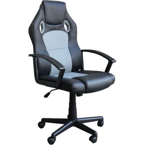 Poltrona da ufficio e gaming ergonomica in pelle nera e tessuto grigio Stark