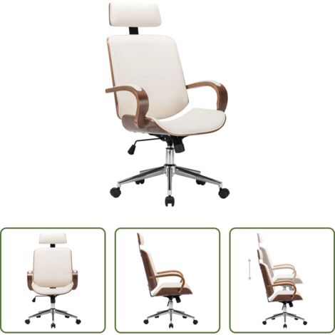 Poltrona da ufficio -  Sedia Girevole con Poggiatesta Crema Similpelle e Legno Curvato