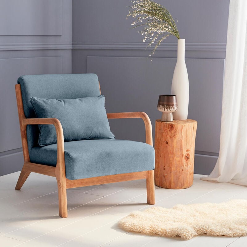 Sweeek - Poltrona di design in legno e tessuto, 1 seduta fissa diritta, gambe a compasso scandinave, blu - Blu