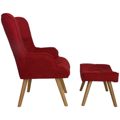 Poltrona e pouf in tessuto con gambe in legno seduta imbottita Rosso