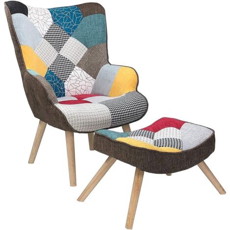 Poltrona e pouf in tessuto patchwork con gambe in legno seduta imbottita