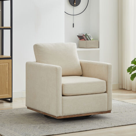 Poltrona girevole a 360° con braccioli, cuscino spesso 17 cm, in ciniglia beige, per soggiorno e camera da letto.