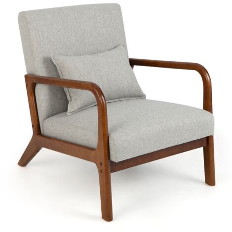 Poltrona imbottita con cuscino lombare e telaio in legno di gomma, Poltrona lounge con piedini antiscivolo Grigio