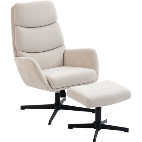 Poltrona imbottita con poggiapiedi, poltrona lounge con schienale alto, base in metallo, per soggiorno, camera da letto, beige