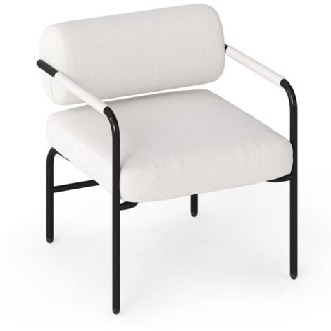 Poltrona imbottita in velluto con schienale cilindrico, moderna sedia da relax con braccioli in metallo, cuscino di seduta spesso, per soggiorno, camera da letto, bianco