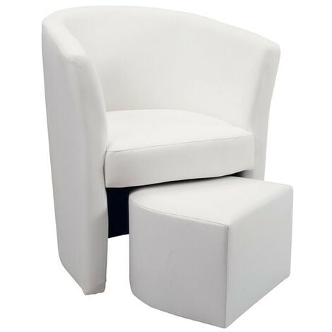 Poltrona imbottita rivestita in ecopelle bianca e pouff estraibile 64x63xh.76