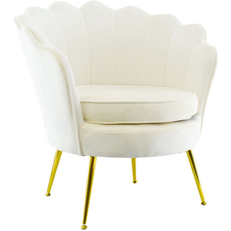 Poltrona Imbottita Schienale a Conchiglia in Velluto Piedi Oro Beige