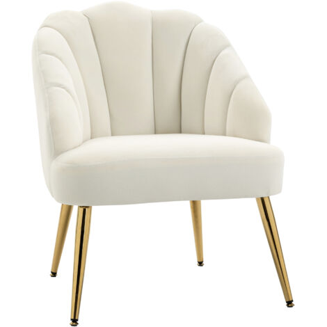 Poltrona in Velluto Imbottita con Schienale a Conchiglia e Gambe in Acciaio per Camera e Salotto, 63x65x84cm, Crema