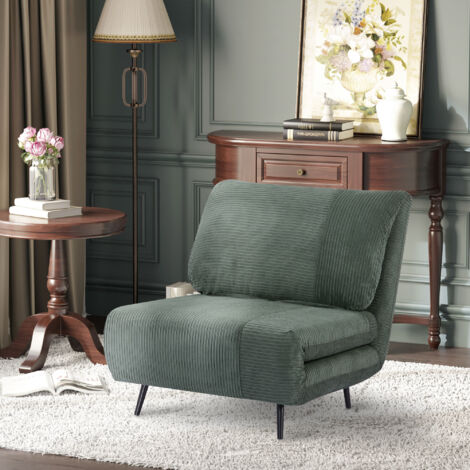 Poltrona Letto 2 in 1 Singola Regolabile su 3 Livelli con Seduta Extra-Large e Imbottita in Gommapiuma, Struttura in Legno, Acciaio ed Effetto Velluto Verde