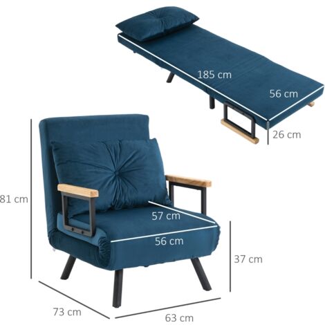 Poltrona letto 3 in 1 con schienale a 5 posizioni, braccioli in legno e cuscino, velluto blu, 63x73x81 cm