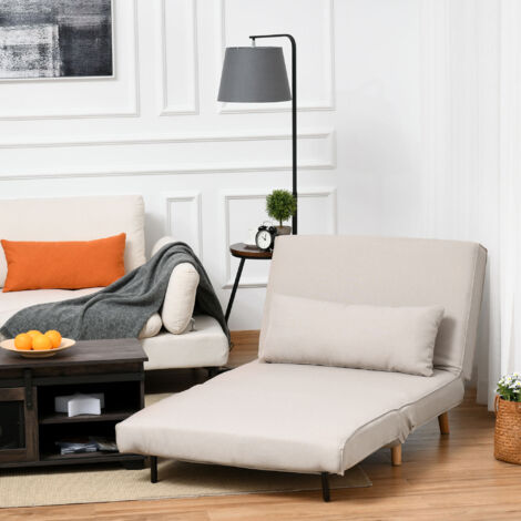 Poltrona Letto Singolo 3 in 1 con Schienale Regolabile in 6 Livelli e Cuscino, Fino a 350 kg, Divano Letto Singolo Pieghevole per Camera da Letto, in Tessuto e Legno, 94x78x80 cm, Beige