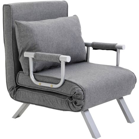 Poltrona Letto Singolo con Schienale Regolabile a 5 Livelli e Cuscino 65x69x80 cm in Tessuto Grigio Chiaro