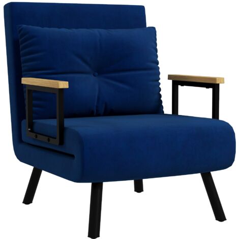 Poltrona Letto Singolo Reclinabile con Cuscino Sfoderabile in Tessuto Effetto Lino Blu
