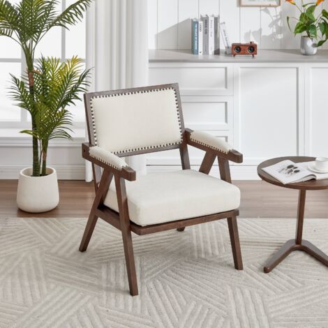 Poltrona lounge - 66,5 x 66 x 88 cm - stile metà secolo - struttura in legno - Lino, beige