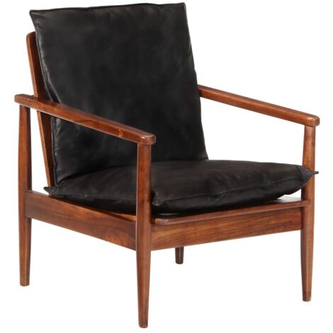 Poltrona lounge di design e moderna in vera pelle nera e legno massello di acacia nera DEC028654