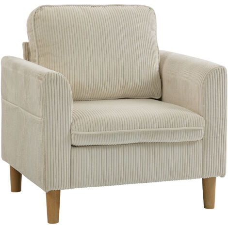 Poltrona lounge in velluto a coste, divano monoposto trapuntato con seduta ampia e cuscino a molle, 83 x 74 x 87 cm, beige