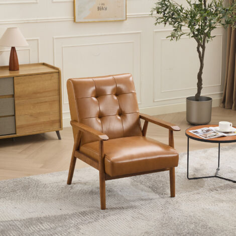 Poltrona lounge per soggiorno/ufficio, struttura in legno di caucciù, cuciture Pull-Point, imbottitura in schiuma e molle, PU marrone chiaro