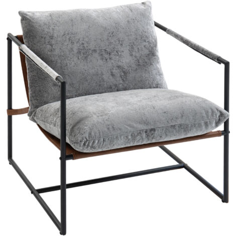 Poltrona lounge, poltrona occasionale imbottita in velluto stampato, seduta ampia e struttura in acciaio, 77 x 91 x 80 cm, grigio