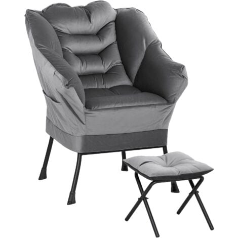 Poltrona Moderna 80x78x100 cm con 2 Tasche Laterali e Poggiapiedi  in Tessuto Effetto Lino Grigio
