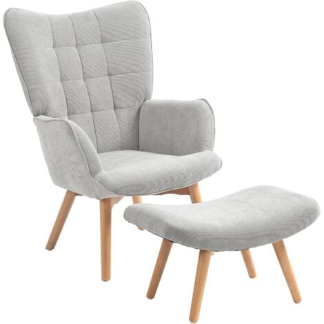Poltrona moderna imbottita grigia, poltrona con gambe in legno, poltrona con poggiapiedi, portata 150 kg, adatta a soggiorno, camera da letto, ufficio, appartamento