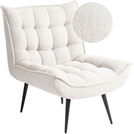 Poltrona moderna in tessuto bouclé senza braccioli sedia ferro nero gambe soggiorno accento Bianco Alvesta
