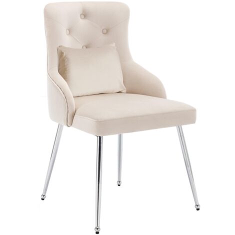 Poltrona moderna in velluto beige, poltrona imbottita con bottoni, sedia con gambe in metallo, adatta per soggiorno, camera da letto, sedia da lavoro e sedia da ufficio