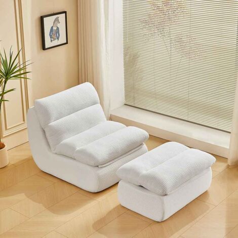 Poltrona relax 81X75X156 cm con sgabello in morbido, può essere smontata, tessuto corduroy, bianco