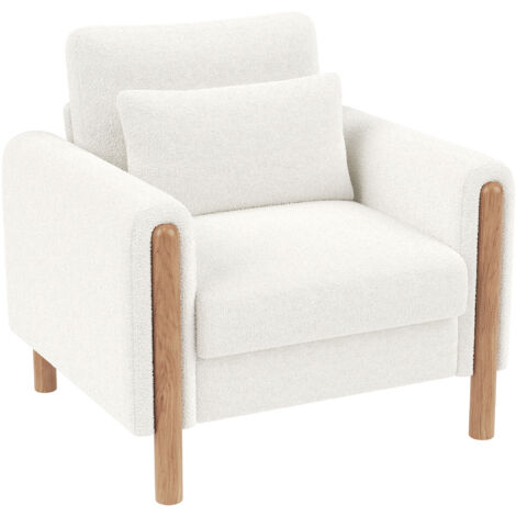 Poltrona Relax 87x83x88.5 cm con Cuscino Spesso e Schiuma Densa, Supporto Lombare, Comoda, Struttura Legno, Bianco, per Soggiorno