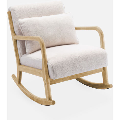 Poltrona scandinava a dondolo in legno e tessuto bouclé