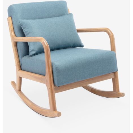 Poltrona scandinava a dondolo in legno e tessuto con braccioli