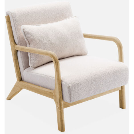 Poltrona scandinava in legno e tessuto bouclé