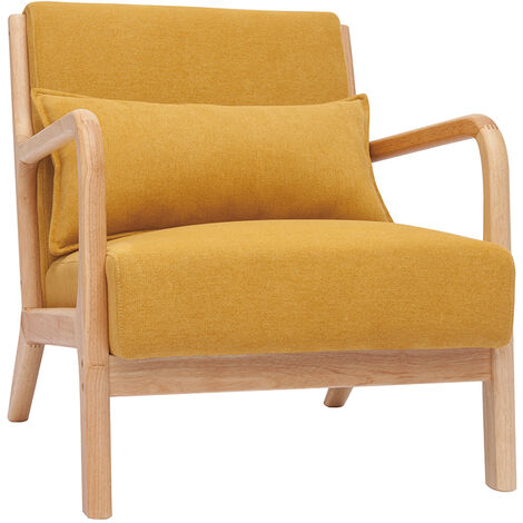 Poltrona scandinava in tessuto effetto velluto giallo senape e legno massello chiaro DERRY