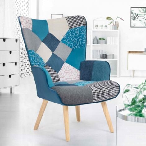 Poltrona scandinava IVAR in tessuto patchwork e velluto blu