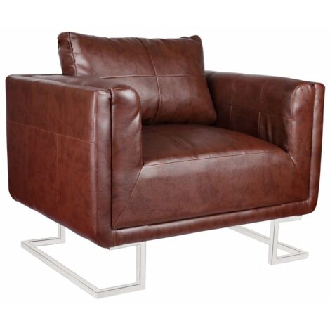 Poltrona sedia lounge sedile designer club divano cubo da soggiorno con gambe cromate in pelle sintetica marrone
