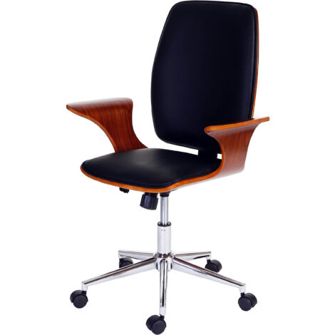 Poltrona sedia ufficio girevole regolabile HHG-613a elegante legno colore noce ecopelle nera
