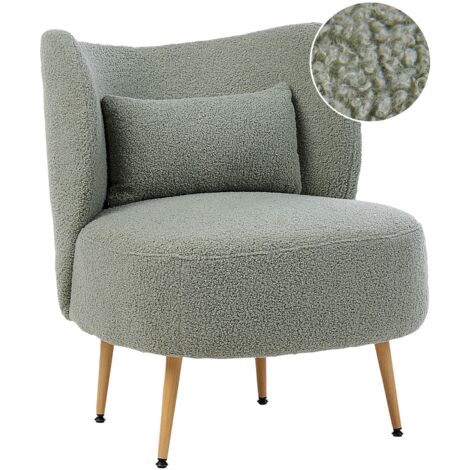 Poltrona Soggiorno Seduta Schienale curvo Design Glam Tappezzeria Boucle Legno chiaro Gambe in metallo Verde Otsby II