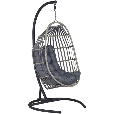 Poltrona Sospesa con Piedistallo in Rattan Grigio Scuro Stile Boho Moderno Sesia