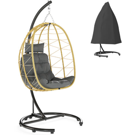 Poltrona Sospesa e Pieghevole con Cuscini, in Acciaio e Rattan PE, 102x102x195 cm, Nera Grigia e Beige