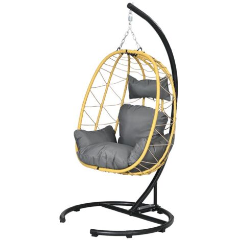 POLTRONA SOSPESA E PIEGHEVOLE CON CUSCINI. IN ACCIAIO E RATTAN PE. 102X102X195 CM. NERA GRIGIA E BEIGE