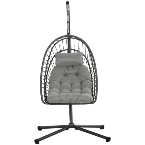 POLTRONA SOSPESA IN RATTAN PE CON CUSCINO. SEDUTA PIEGHEVOLE E STRUTTURA IN ACCIAIO. GRIGIO