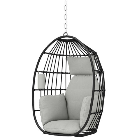 Poltrona sospesa ovale avec crochet, coussin et appui-tête, acier et polyester, 75x62x107 cm, gris