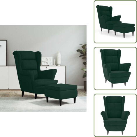 Poltrona verde scuro - vidaXL Poltrona Schienale ad Ala con Poggiapiedi Verde Scuro Velluto - Sgabello in legno