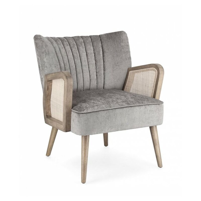 Bizzotto - Fauteuil crapaud 64x71x79 cm en tissu gris clair et rotin - virna