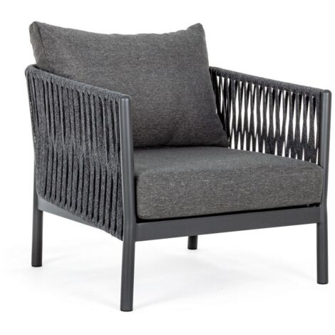 Poltroncina "Florencia" con braccioli e cuscino, struttura in alluminio, intreccio con corde, 60 cm -Antracite